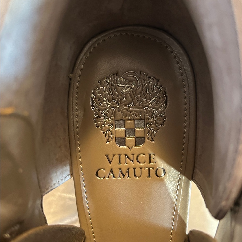 Vince Camuto Taupe Suede Open-Toe Stacked Heel Booties - Picture 7 of 11